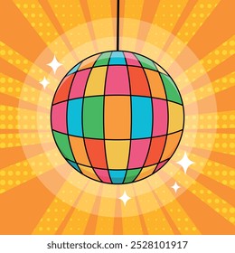 Pop art background with a sparkling disco ball. Vector illustration