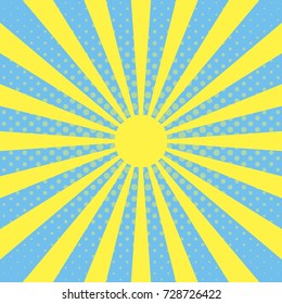 Pop art background with sun beam rays on a blue sky background, halftone effect, vector beam, the rays of sun blast, radiant shine, pop art vintage banner