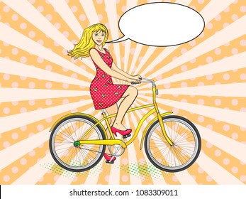 Pop art background with sun rays. Young beauty woman ride bicycle retro vector illustration. Color background. Comic book style imitation. Text bubble
