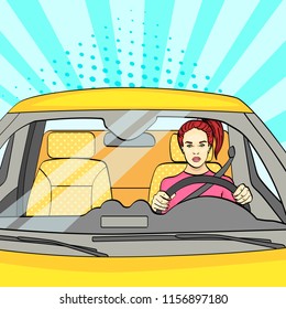 pop art background, sunlight blue. The woman at the wheel, the car. Vector illustration.