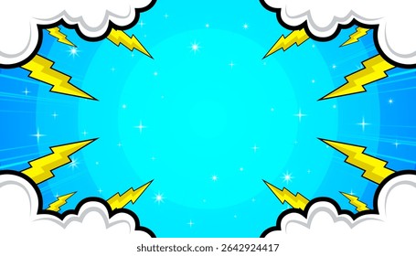 Pop art background. Superhero cartoon banner with clouds, frames and halftones. Funny shapes in comic style. Vector illustration.