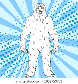 Pop art background vector illustration Nepal, Yeti, Abominable Snowman. Color comic book style imitation big foot