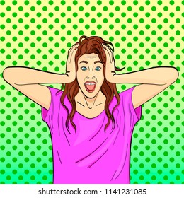 Pop art background  Young girl  brunette screams  holds herself by the head  Psychological disease  hysterics  Comic style  vector illustration