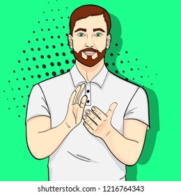 Pop art background. Young man applauding. Vector illustration