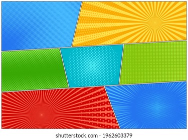 Pop art backgrounds. Comic halftone pattern. Set cartoon banners with dots and rays. Vintage duotone banner. Vector illustration. Superhero starburst texture. Gradient wow design.