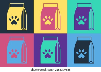 Pop art Bag of food for pet icon isolated on color background. Food for animals. Dog bone sign. Pet food package.  Vector