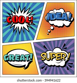 Pop Art Banner. Comics Style. Expressions Set. Bubbles Cool, Idea, Great, Super. Halftone Background. Vector illustration