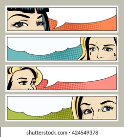 Pop art banner with female eyes and blank space for text. Cartoon beautiful woman eyes with speech bubbles.Vintage advertising poster. Comic hand drawn vector illustration.