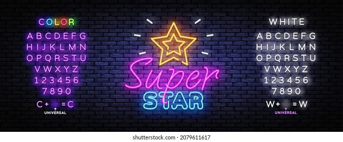 Pop art banner with super star neon on light background. Vector illustration design. Symbol, logo illustration. Super star neon on light background. Editing text neon sign