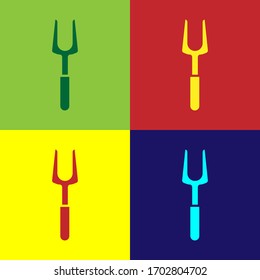 Pop art Barbecue fork icon isolated on color background. BBQ fork sign. Barbecue and grill tool. Vector Illustration