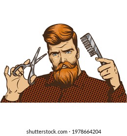 Pop art barber hipster man vector illustration on white