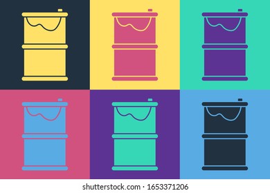 Pop art Barrel oil leak icon isolated on color background.  Vector Illustration