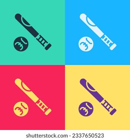 Pop art Baseball bat with ball icon isolated on color background.  Vector