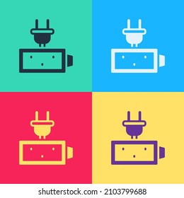 Pop art Battery charge level indicator icon isolated on color background.  Vector
