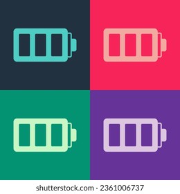 Pop art Battery charge level indicator icon isolated on color background.  Vector
