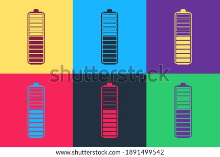 Pop art Battery charge level indicator icon isolated on color background. Battery charging - power sign. Electricity symbol - energy sign. Vector.
