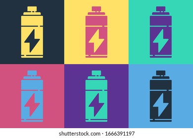Pop art Battery icon isolated on color background. Lightning bolt symbol.  Vector Illustration