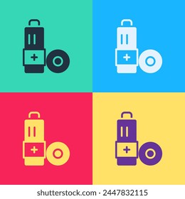 Pop art Battery icon isolated on color background. Lightning bolt symbol.  Vector