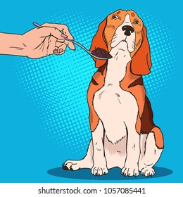 Beagle de pop art se niega a comer. Triste perro no quiere tomar comida de mano humana. Ilustración del vector