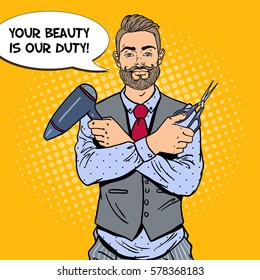 Pop Art Bearded Barber with Scissors and Hairdryer. Vector illustration
