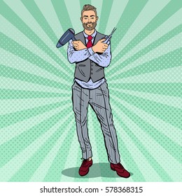 Pop Art Bearded Barber with Scissors and Hairdryer. Vector illustration