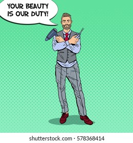 Pop Art Bearded Barber with Scissors and Hairdryer. Vector illustration