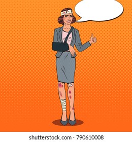 Pop Art Beaten Business Woman Smiling. Bandaged Office Female Worker. Vector illustration