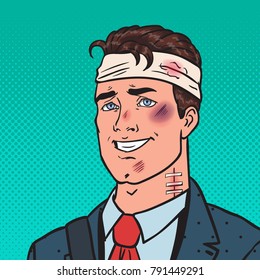 Pop Art Beaten Positive Businessman. Man Bruised Injured. Vector illustration