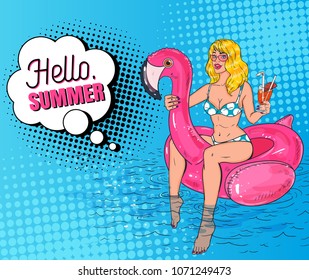 Pop Art Beautiful Blonde Woman with Cocktail Swimming in the Pool at the Pink Flamingo Mattress. Glamorous Girl in Bikini Enjoying Beach Vacation. Hello Summer Vintage Poster. Vector illustration