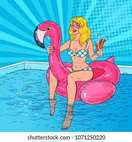 Pop Art Beautiful Blonde Woman Swimming In The Pool At The Pink Flamingo Mattress. Glamorous Girl In Bikini Enjoying Summer Vacation. Vector Illustration