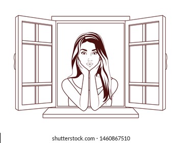 Pop art beautiful blonde woman profile cartoon looking from the window ,vector illustration graphic design.
