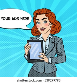Pop Art Beautiful Business Woman Holding Digital Tablet. Vector illustration