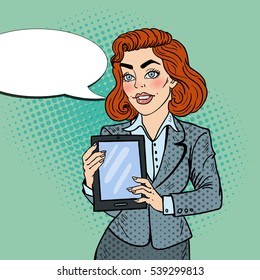 Pop Art Beautiful Business Woman Holding Digital Tablet. Vector illustration