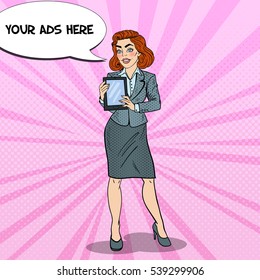 Pop Art Beautiful Business Woman Holding Digital Tablet. Vector illustration