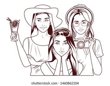 Pop art beautiful fashion women smiling in summer cartoon in black and white ,vector illustration graphic design.