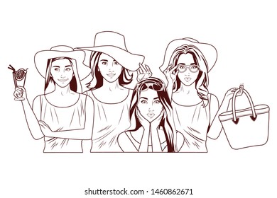 Pop art beautiful fashion women smiling in summer cartoon in black and white ,vector illustration graphic design.