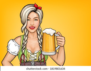 Pop art beautiful female waitress holding glass of beer in her hand. Oktoberfest celebration, blonde girl smiling in traditional German costume with alcohol drink, isolated on yellow background.