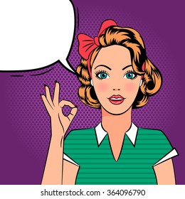 Pop art beautiful girl showing OK sign with speech bubble. Vector illustration