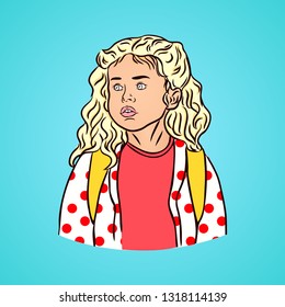 pop art beautiful little girl.upset schoolgirl with backpack. Vector sketch cartoon illustration