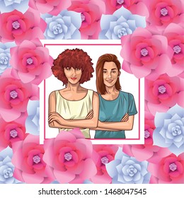 Pop art beautiful two women models smiling cartoon on floral frame background ,vector illustration graphic design.
