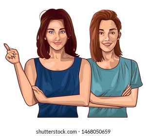 Pop art beautiful two women models smiling cartoon ,vector illustration graphic design.