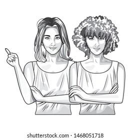Pop art beautiful two women models smiling cartoon ,vector illustration graphic design.