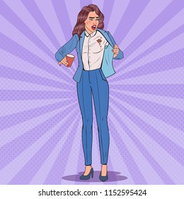 Pop Art Beautiful Unhappy Business Woman Spilling Coffee on Shirt. Girl with Stains on her Clothes. Vector illustration