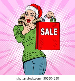 Pop Art Beautiful Woman with Christmas Sale Shopping Bags Thumbs Up. Vector illustration