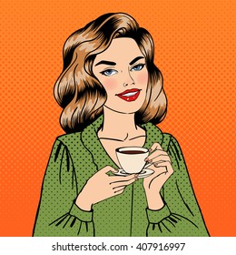 Pop Art Beautiful Woman with Cup of Coffee. Vector illustration