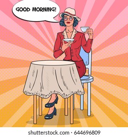 Pop Art Beautiful Woman Drinking Morning Tea in Cafe. Coffee Break. Vector illustration