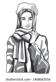 Pop art beautiful woman with fashion scarf and beret cartoon ,vector illustration graphic design.