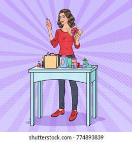 Pop Art Beautiful Woman with Gift Box and Cosmetics. Beauty Presents. Vector illustration