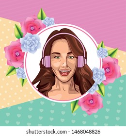 Pop art beautiful woman with headphones face smiling ,vector illustration graphic design.