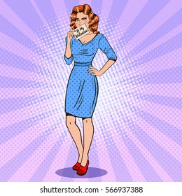Pop Art Beautiful Woman Holding Card Be My Valentine. Vector illustration